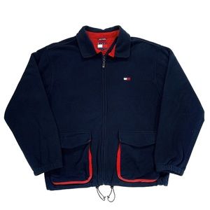 Vintage Tommy Hilfiger Dark Blue & Red Zip Up Collard Fleece Jacket Size XL
